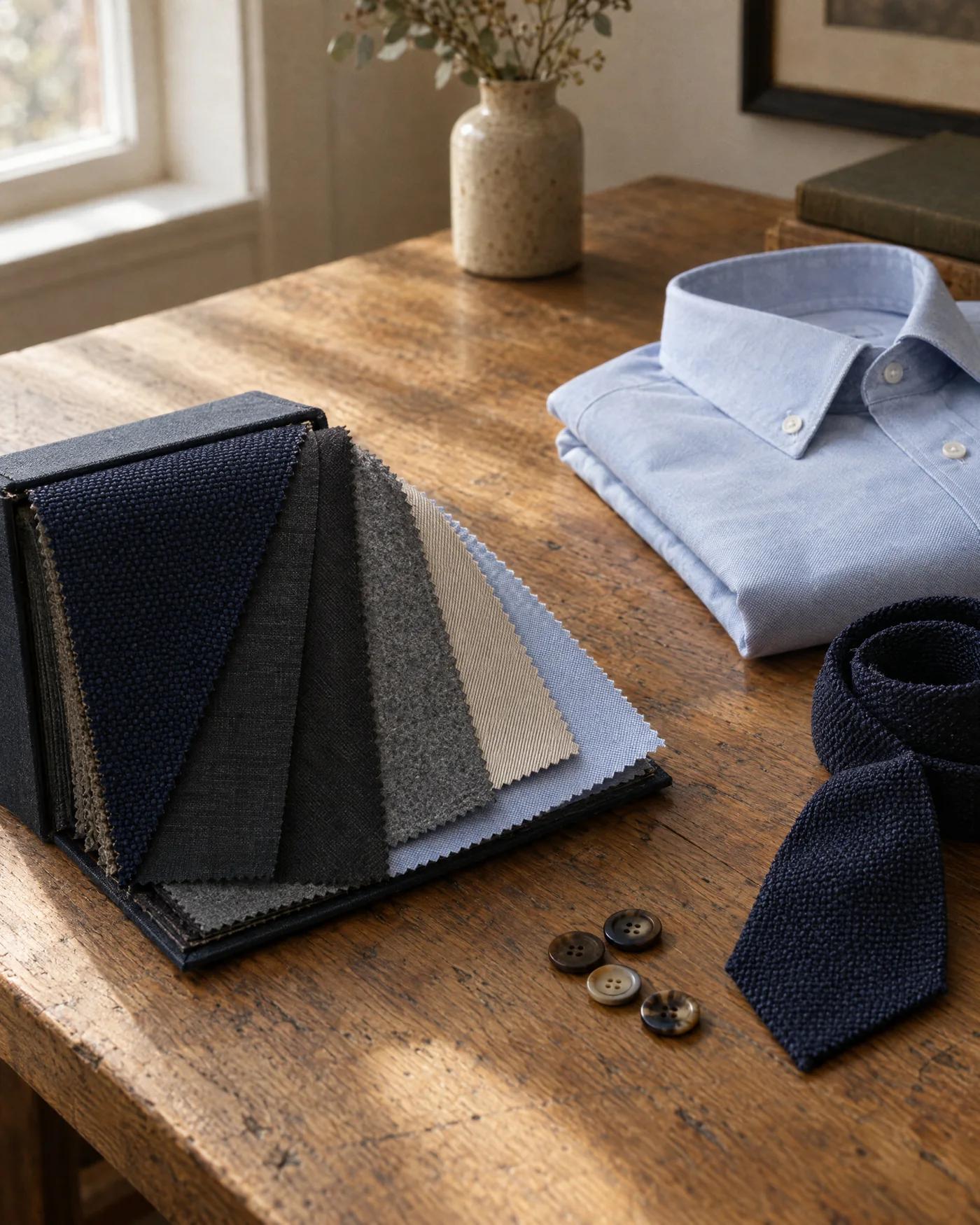 An open cloth bunch of navy hopsack, charcoal worsted, grey flannel and stone drill beside a folded Oxford shirt and a grenadine tie.