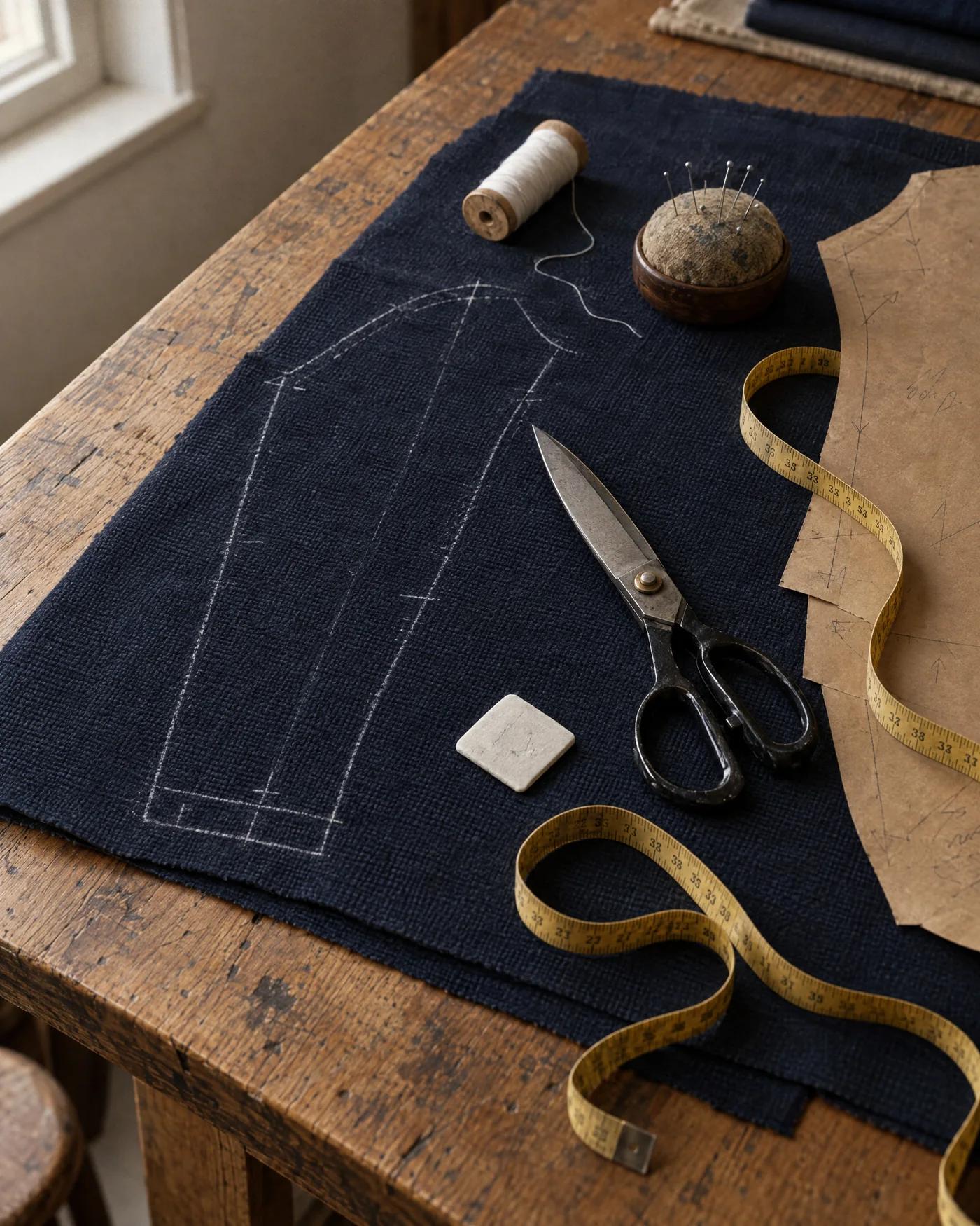 A jacket sleeve chalked on navy cloth, with shears, a tape measure, a pincushion and basting thread on an oak table.